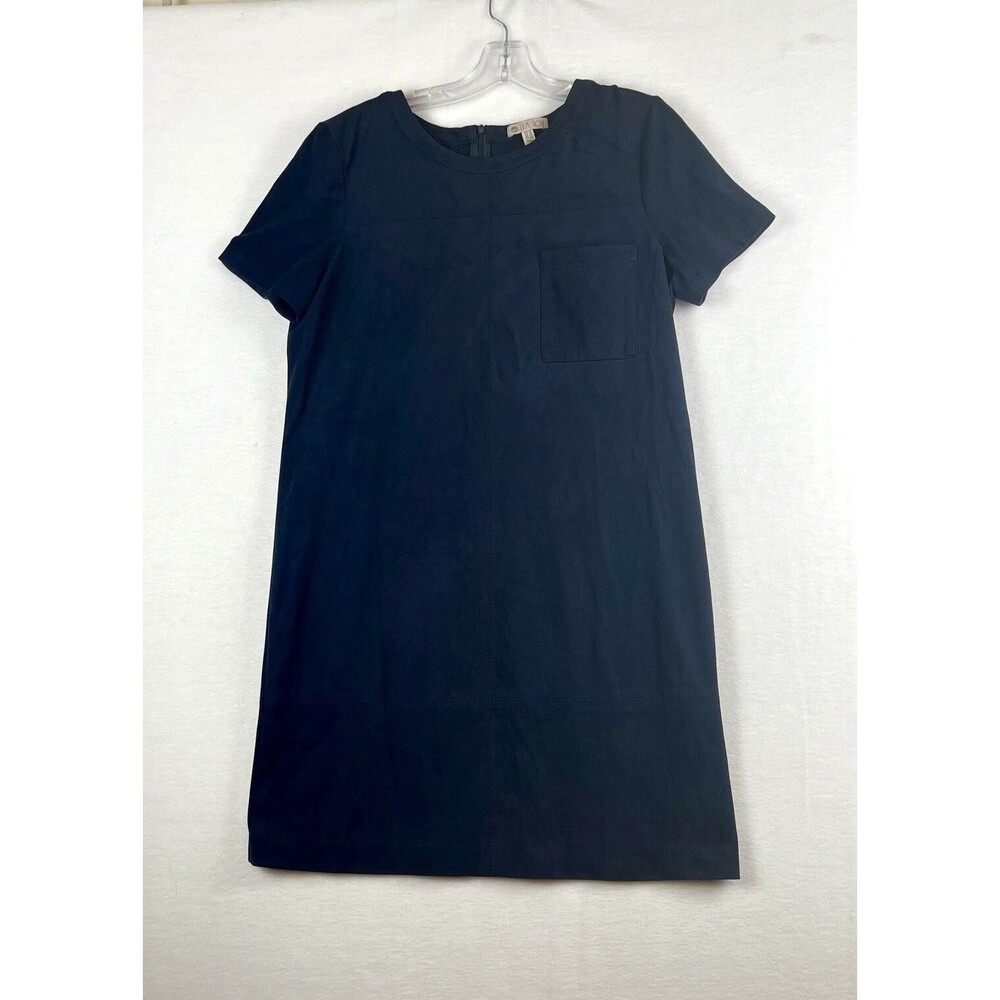 Vegan Suede Short Sleeve Shift Dress Pockets Navy Blue Size 8 Lila Rose